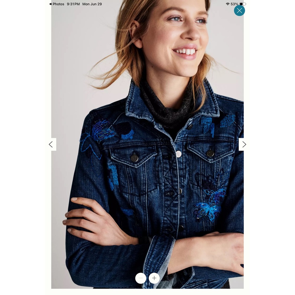 Pilcro Anthropologie Sequined Denim Jacket Embroidered Floral Indie Fairy Size M